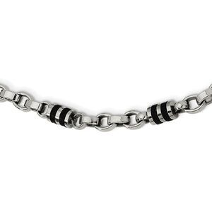 Mens Stainless Steel, Rubber Accent Barrel Link Chain Necklace, 22 In